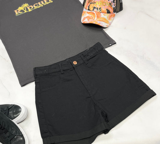 ☀️Short noir : look jeans souple 13-14 ans fille taille haute ajustble neuve .