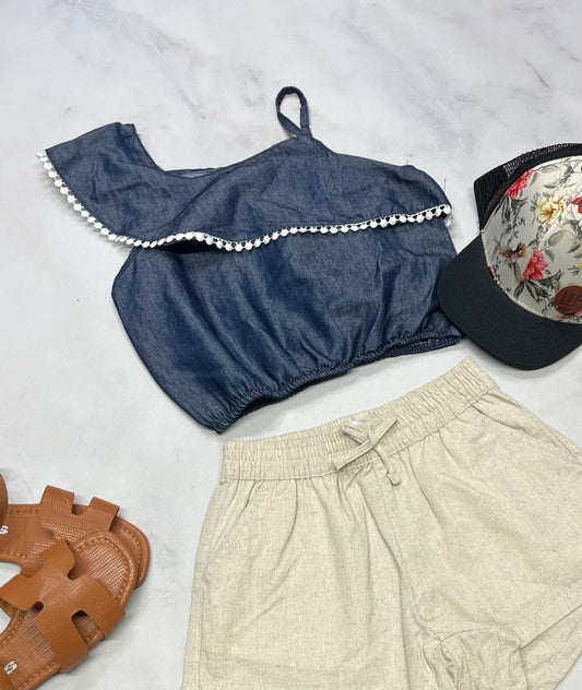 🌷 Haut : effet jeans souple look écourté avec bretelles ajustable fait 8-9 ans fille comme neuf !