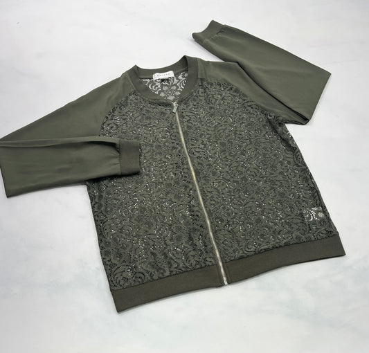 Veste zip : kaki ( devant et derrière ) en dentelle stretch qui laisse entrevoir . L/femme comme neuve .