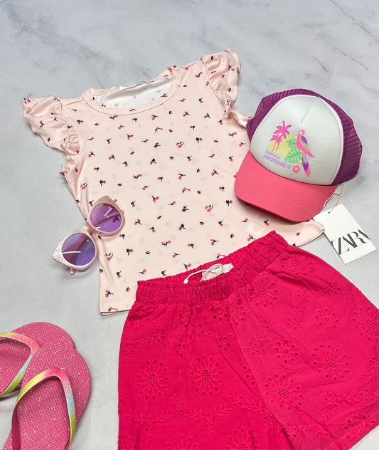 🌷 Manche courte : fleurie rose soft stretch fait 6-6x neuf !