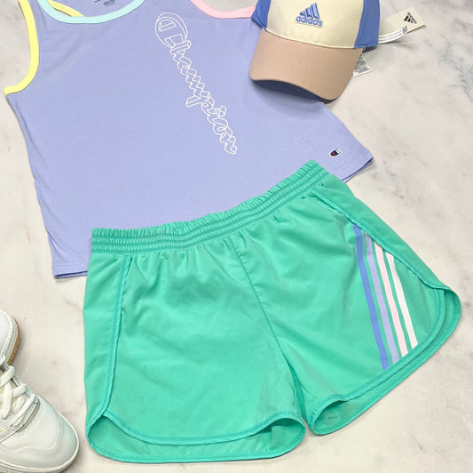 🌴 Short : en tissu de sport en sous culotte stretch intégré. 14 ans fille comme neuve .