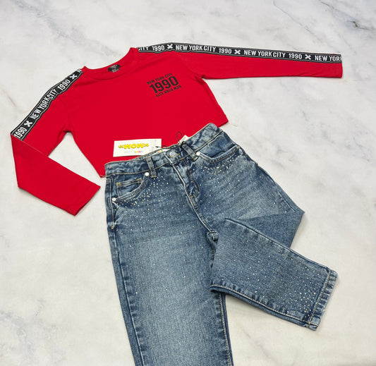 Duo 5-6 ans : Manche longue Forever21 ..5-6 ans mi hanche comme neuf + MOM Jeans avec brillant 5-6 ajustable neuve .