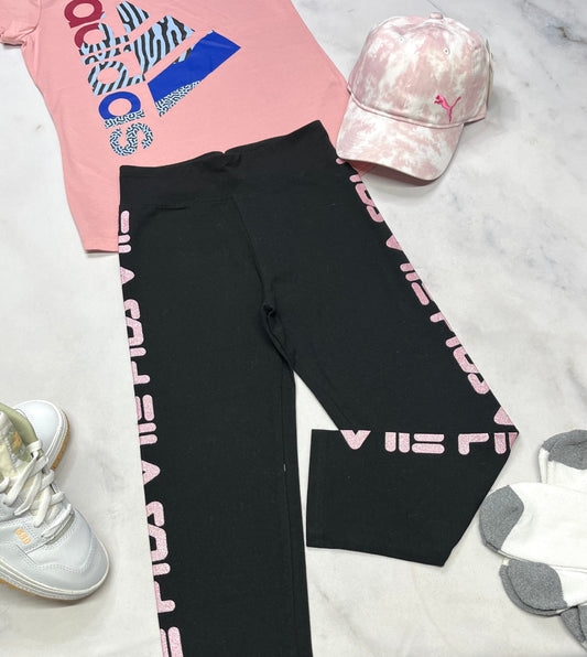 🌸 FILA:  7/8 ième sport 14-16 ans fit ( + 14 ans ) fille neuf ! Noir et rose . Jambe droite .