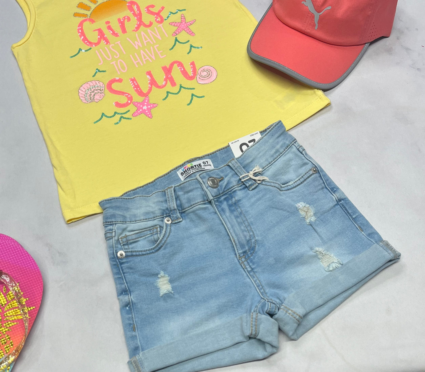 ☀️ Short : jeans taille haute molle  et ajustable . 7 ans fit stretch fille neuve .