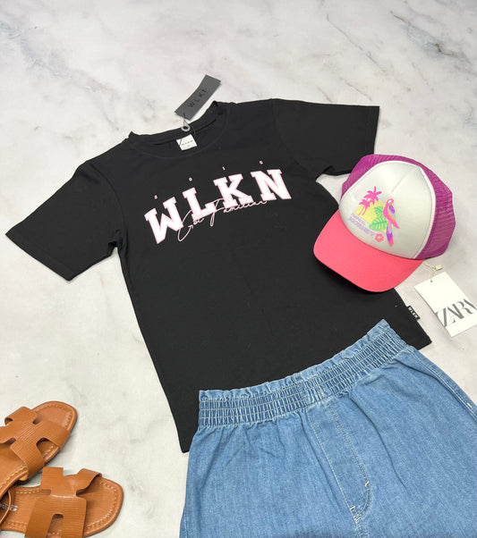 🌷WLKN manche courte : noir écriture blanc et rose + 10 ans fille neuf !