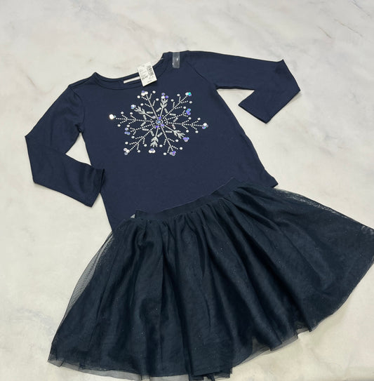 Duo : Manche longue flocon brillant bleuté 4(3-4 ans ) neuf ! + Jupe comme neuve 3-4 ans elle brille .