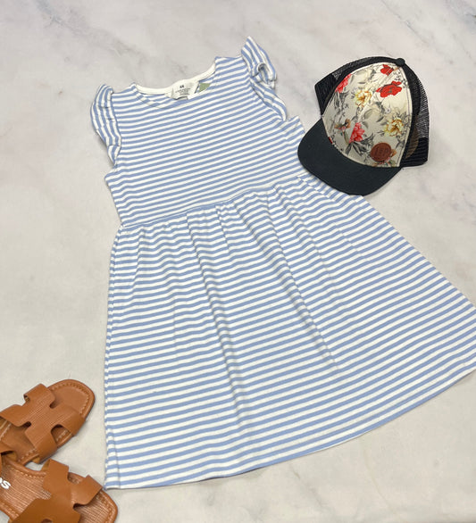 💙 Robe rayé : tissu texturé sort stretch neuve . Beaux détails aux manches . Gr : 6-8(7 ans ) fille neuve .