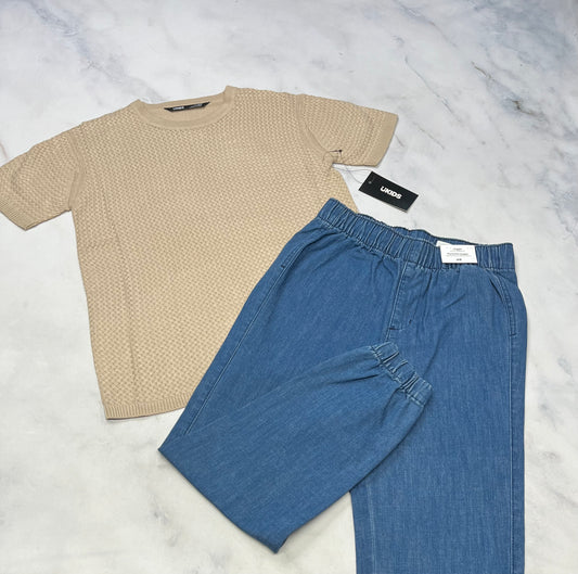 DUO : Manche courte en tricot + 10 ans + Jeans neuve 9/10 ans