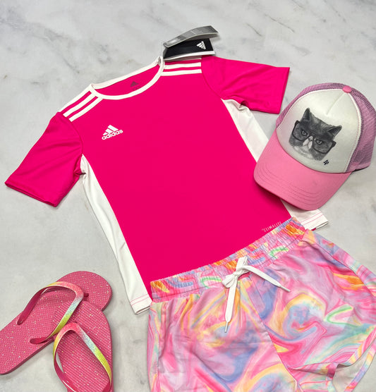 🌷 Adidas : Manche courte rose en tissu de sport + 6x fille neuf !