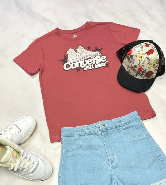 😍 Converse : manche courte neuf ! Logo mini brillant . Fait 11-12 ans fille ! Couleur vieux rose .