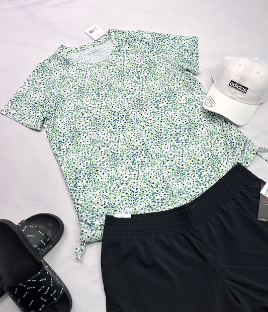 🌿 Manche courte : Active zone en tissu de sport stretch . Avec cordon au bas de chaque côtés pour faire plissé ou raccourcir . XL/ femme neuf !