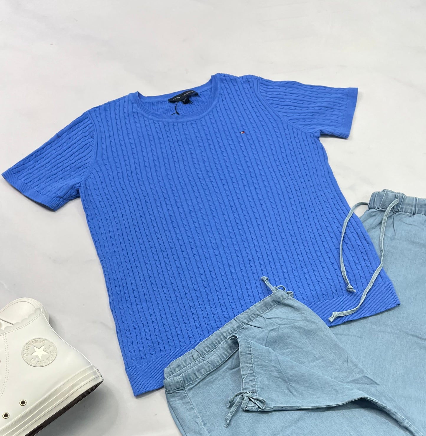 💙 Tommy : manche courte en tricot stretch ( motifs texturé) L/ femme neuf !