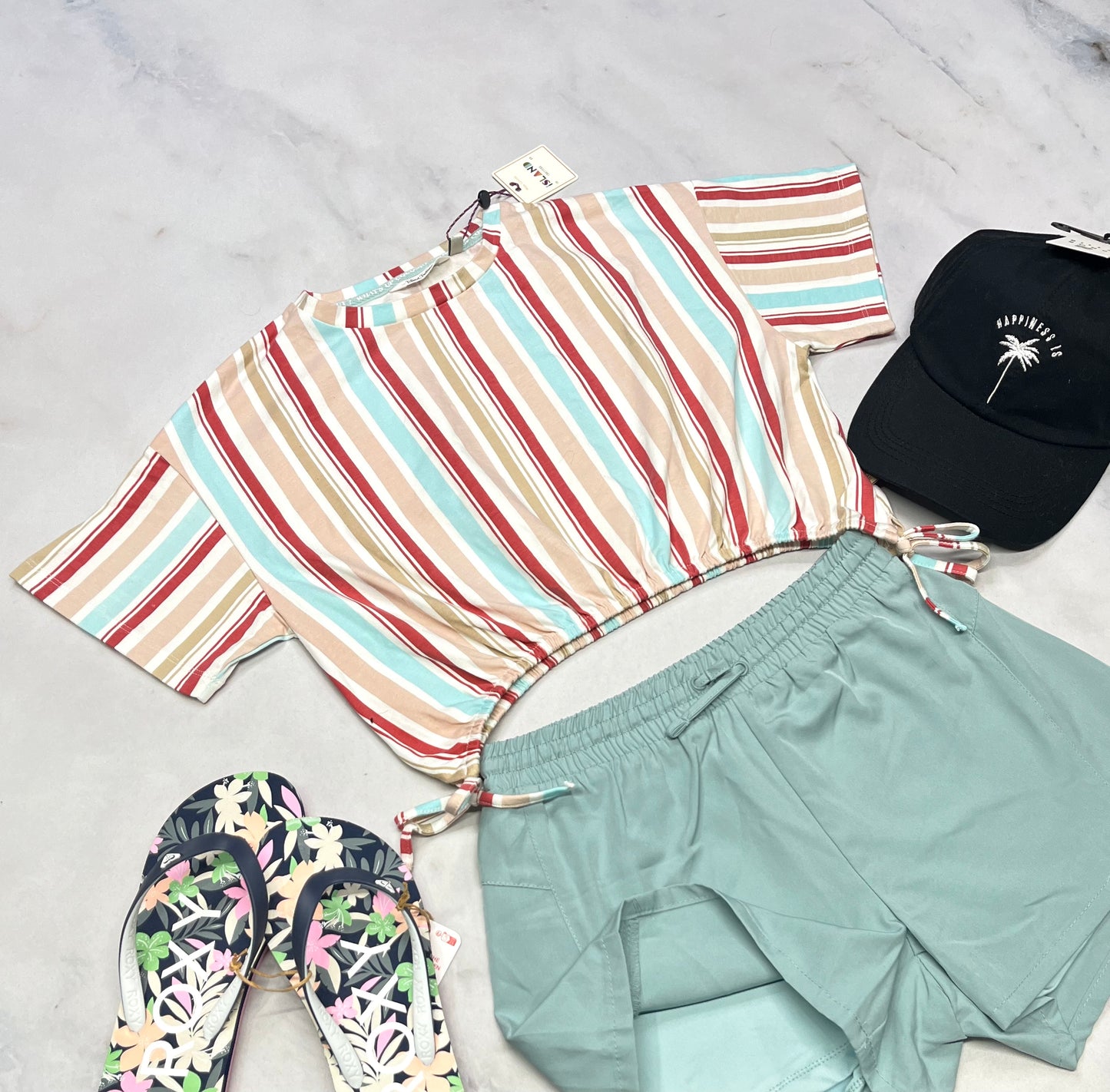 🌿 Manche courte : rayé Island 12 ou (10-12 ans relax fit ) fille neuf ! Look écourté