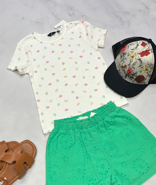 🌿 Manche courte : rib texturé extensible avec fleurs fait 5 ans fille neuf !