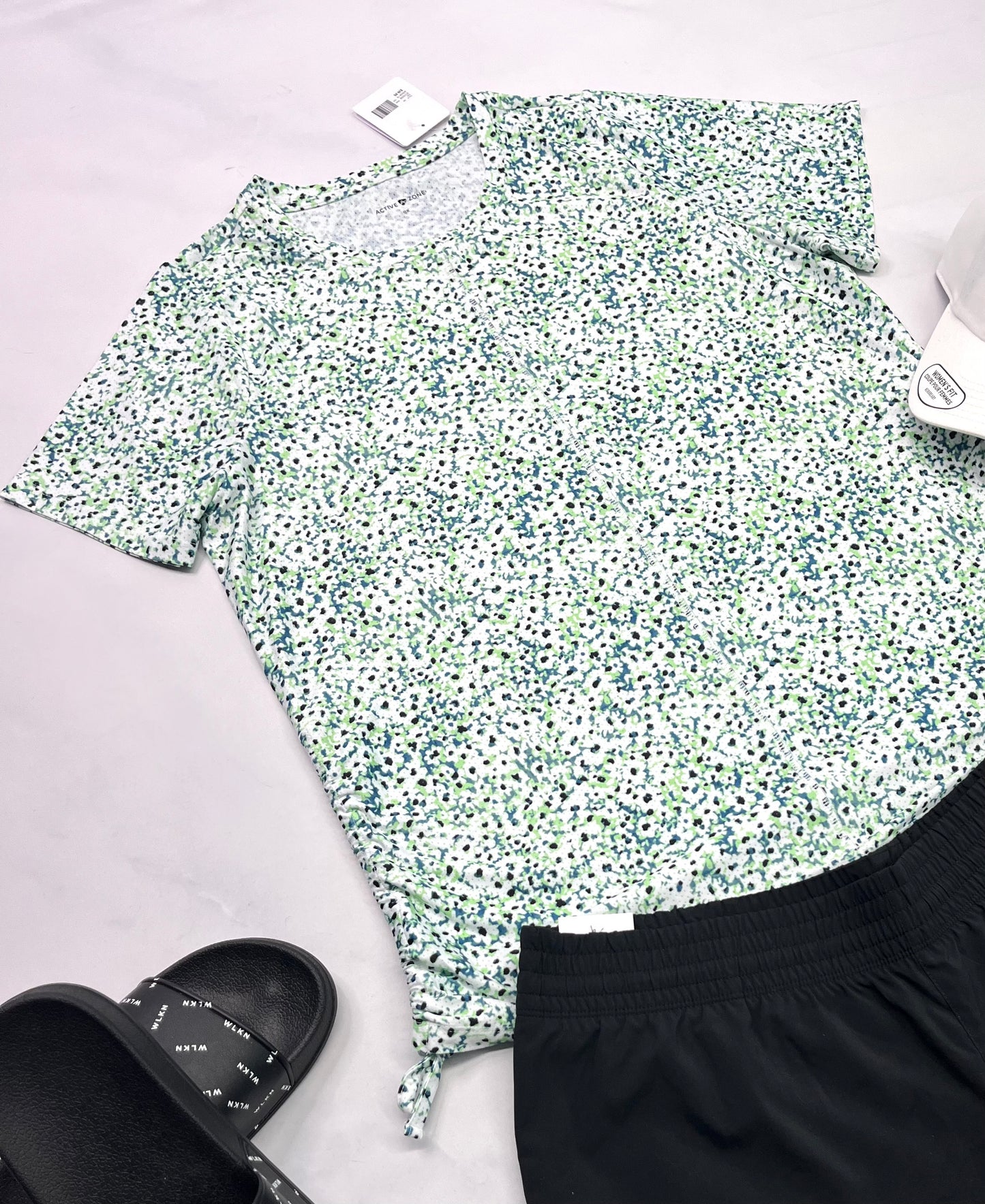 🌿 Manche courte : Active zone en tissu de sport stretch . Avec cordon au bas de chaque côtés pour faire plissé ou raccourcir . XL/ femme neuf !