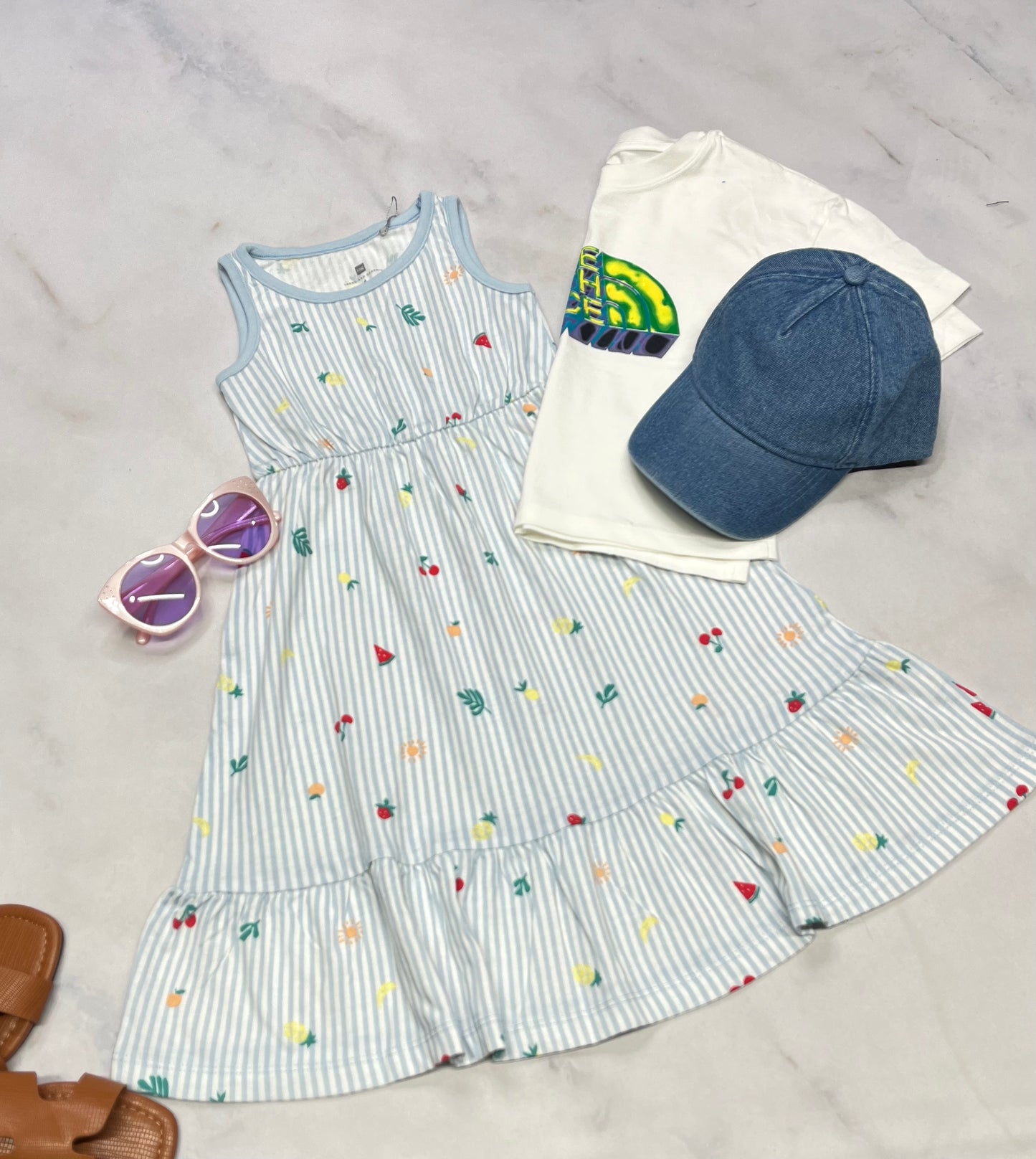 🦋 Robe : rayé bleuté ( motifs fruits) 4 ans fille neuve .