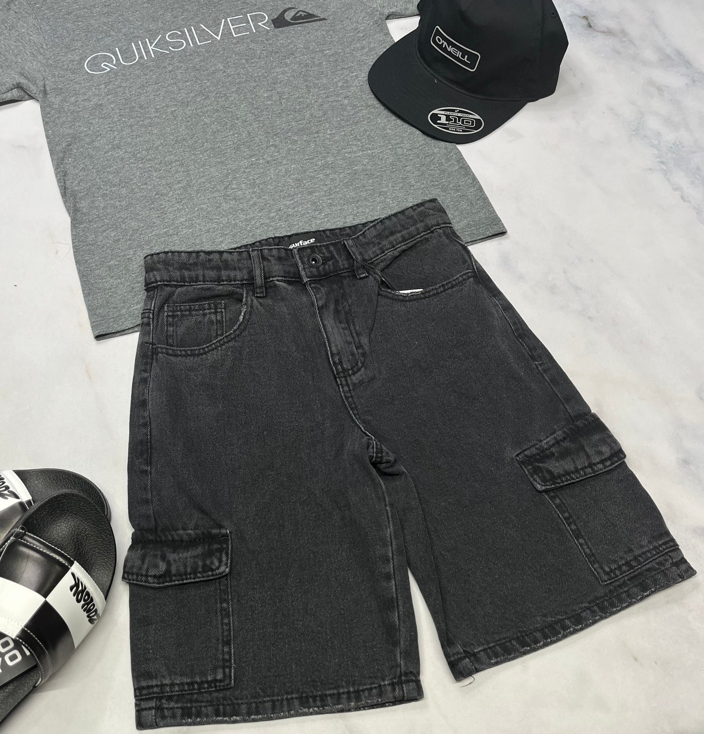 🤩 Bermuda jeans : cargo mou confo 10 ans garçon taille ajustable neuf !