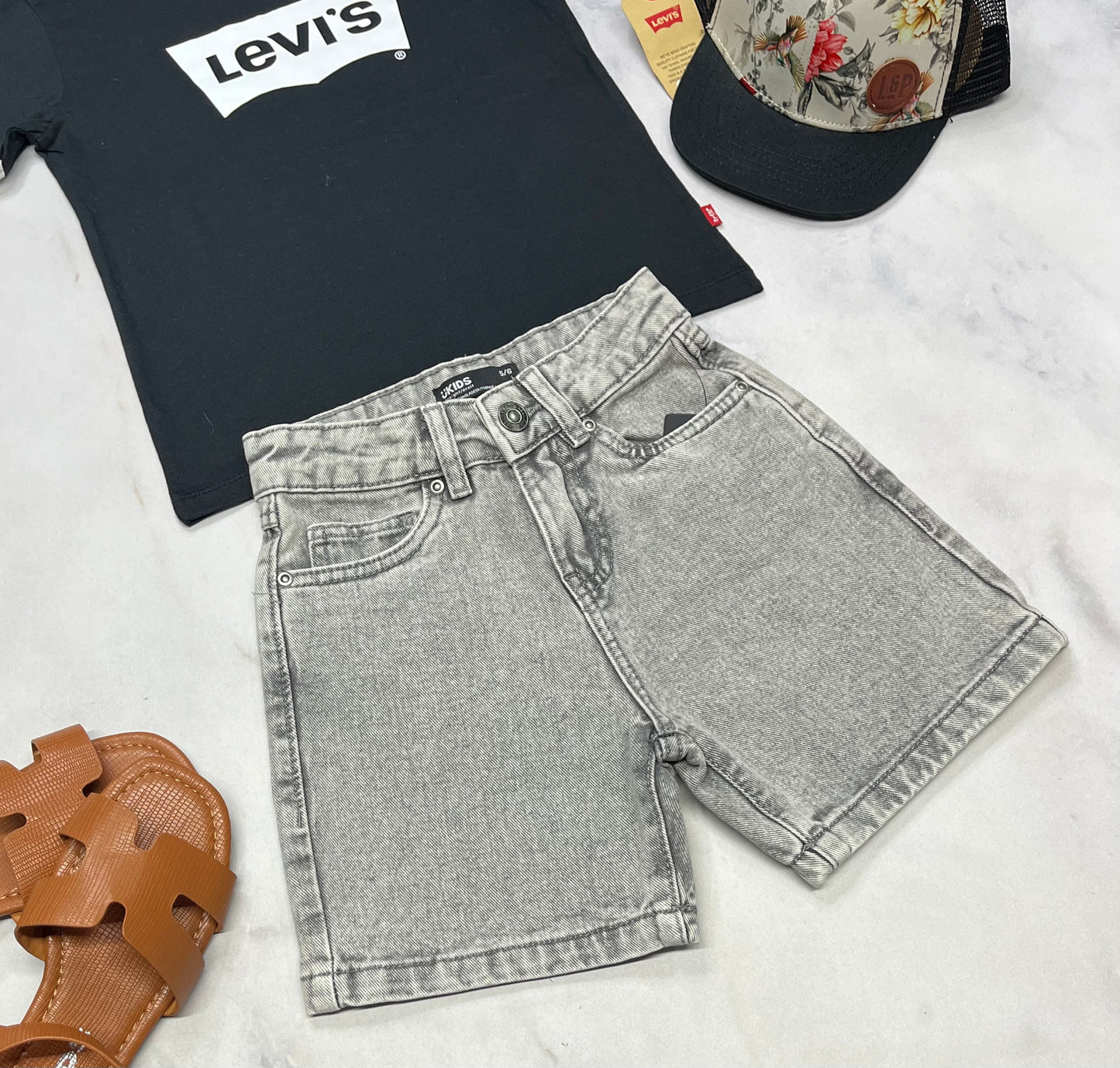 🦋 Short jeans : taille haute 5-6 ans fille  ajustable . Look cuisse ample tendance .