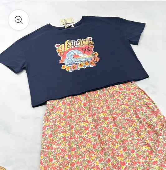 ☀️ T-Shirt :  M/ femme marine foncé look relax fit écourté neuf .
