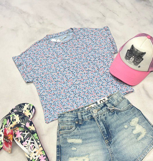 🩵Manche courte : bleu fleurie en beau coton stretch fait 7 ans fille coupe confo neuf !