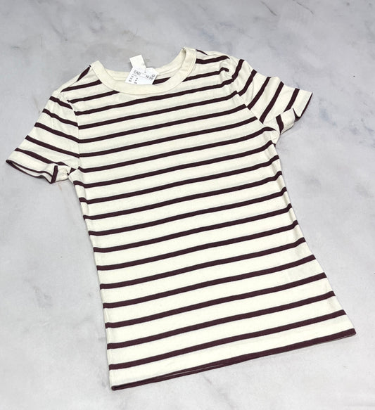 RIB : Manche courte texturer stretch ( rayé beige et bourgogne ) neuf! Fait 12-14 ans
