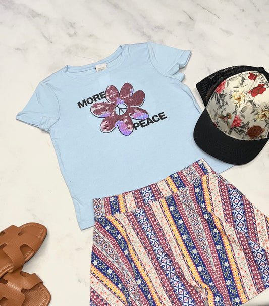 💙 Manche courte : Bleu avec fleurs à paillettes réversible . Soft fait 5-6 ans fille neuf !