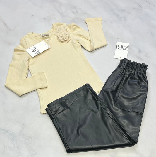 Duo ZARA 5 ans : RIB texturé Zara fait 5 ans stretch moulant neuf  + Pantalon en cuirette mou ZARa taille élastique fait 5 ans neuf!